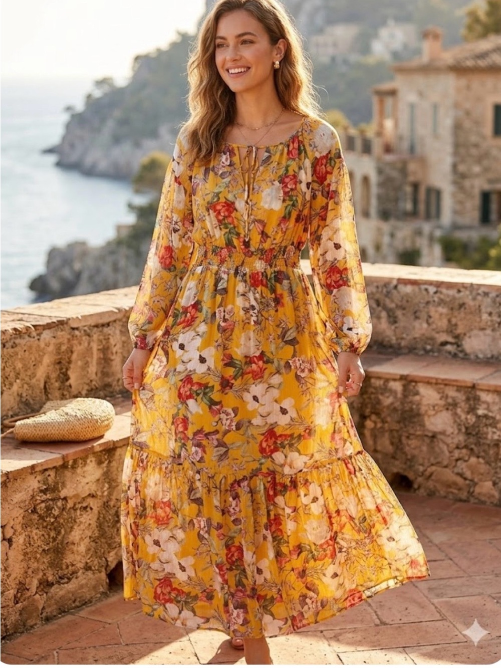 INC International Concepts Yellow Floral Tiered Maxi Dress